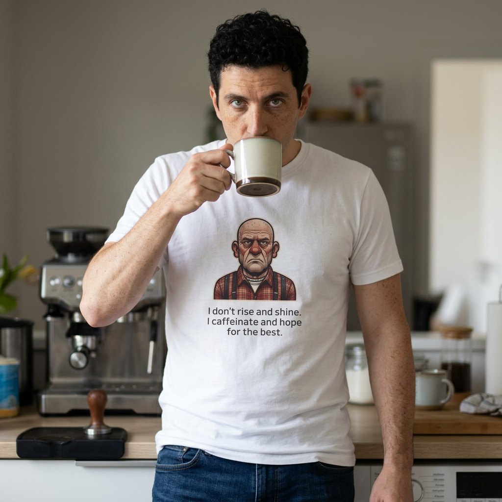 T‑Shirt 'I don't rise and shine, I caffeinate and hope for the best' Grumpy Grandpa Coffee Tee